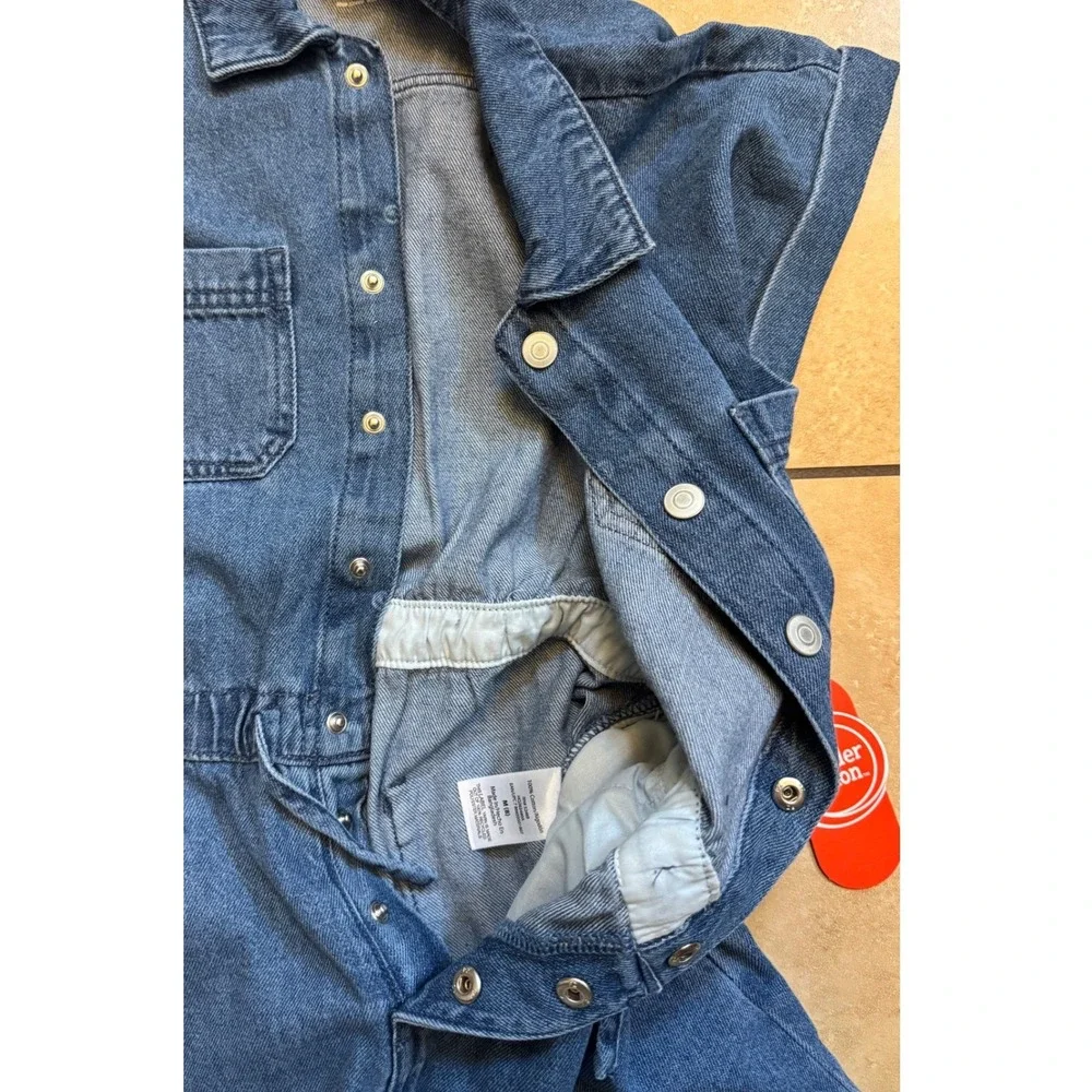 Wonder Nation Denim Romper Girls M 8 Blue Utility Snap Front Short Sleeve‎ NEW